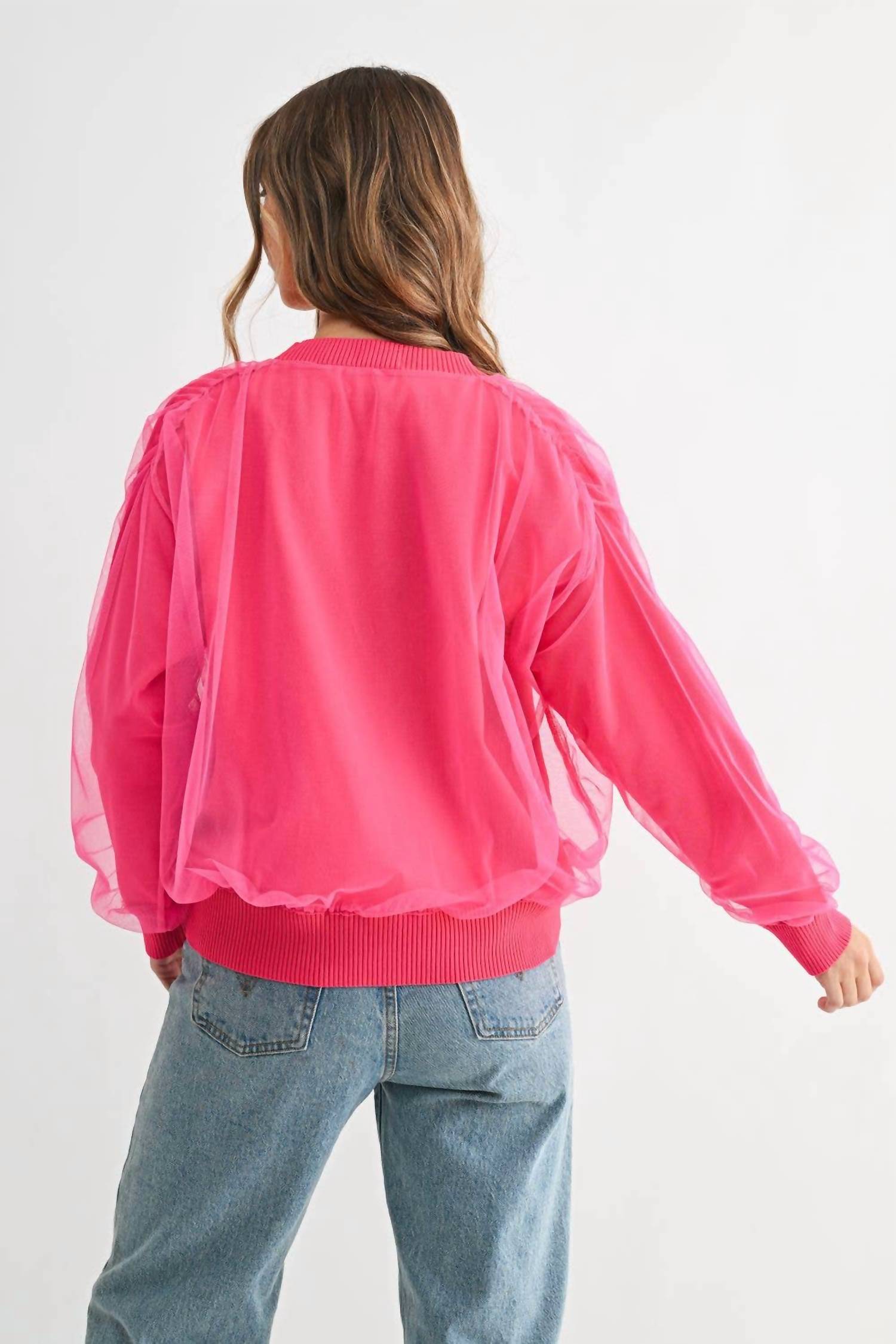 Joh Steven Sheer Ribbed Cardigan in hot pink - women's cardigan - detail view
