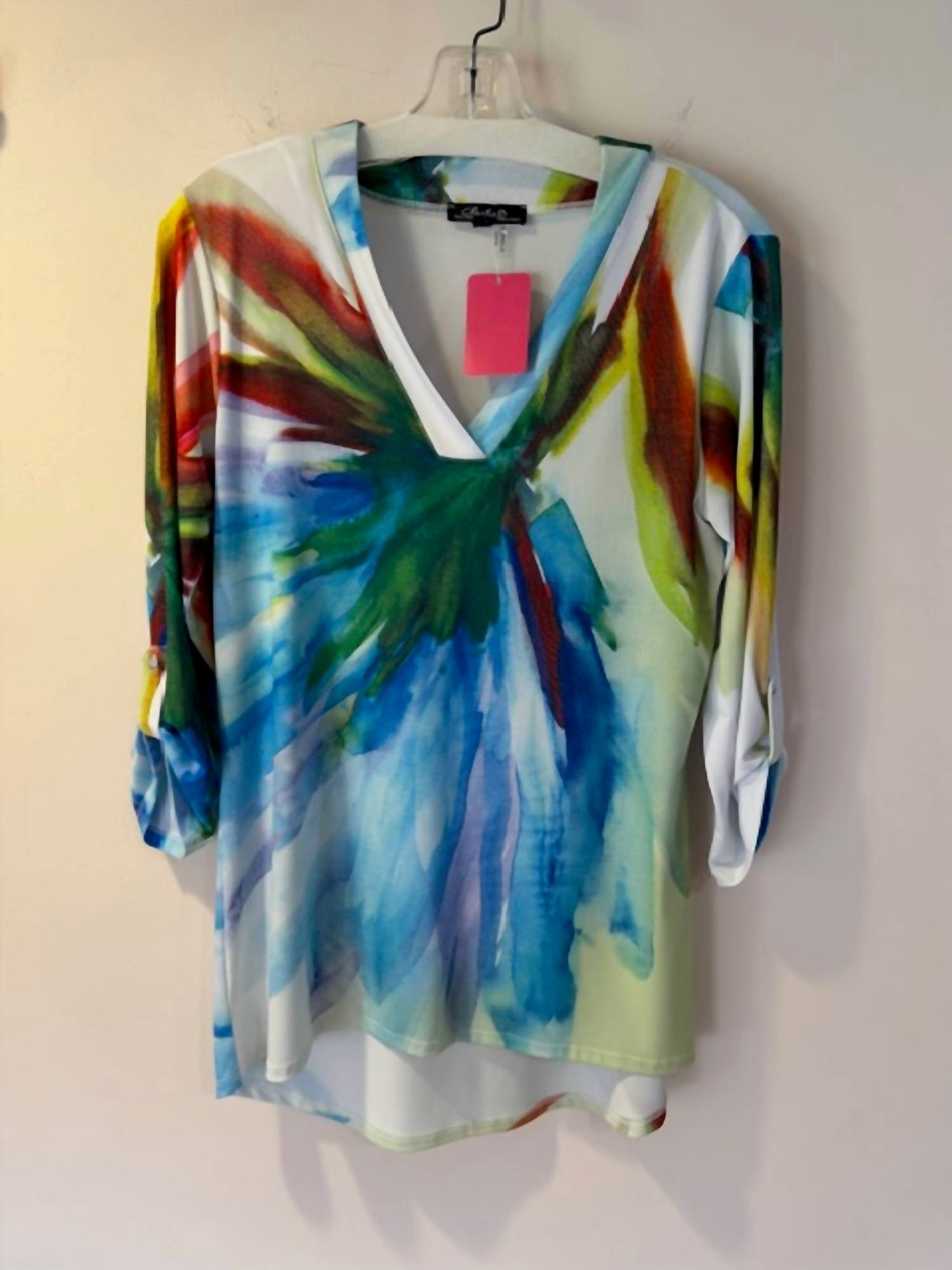 CHARLIE B Women's Tab Sleeve Watercolor Tunic in white royal green - women's blouse