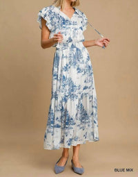Umgee - Two Tone Landscape Print Midi Dress