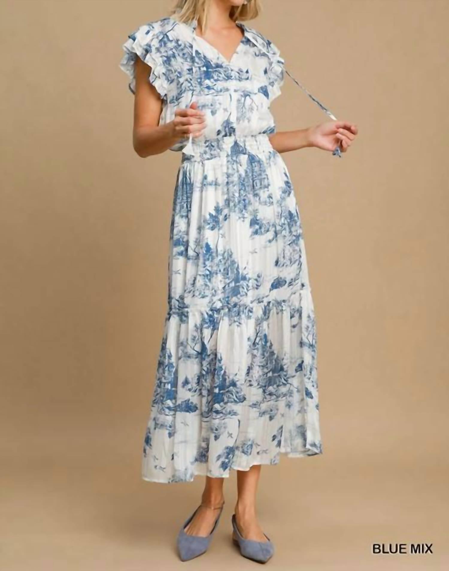 Umgee - Two Tone Landscape Print Midi Dress