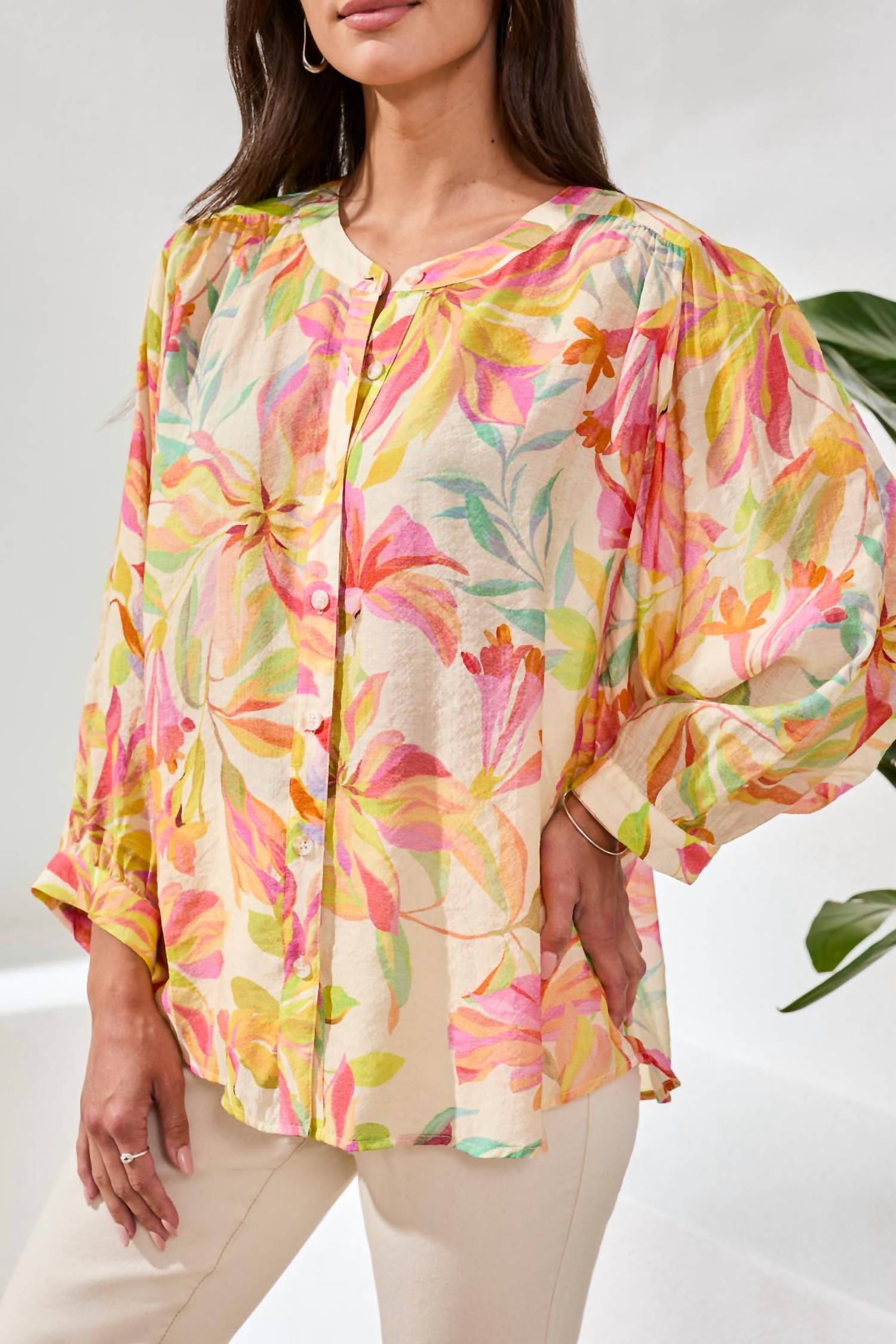 TRIBAL Flowy Dolman Sleeve Blouse With Self-covering Buttons in multi - women's blouse