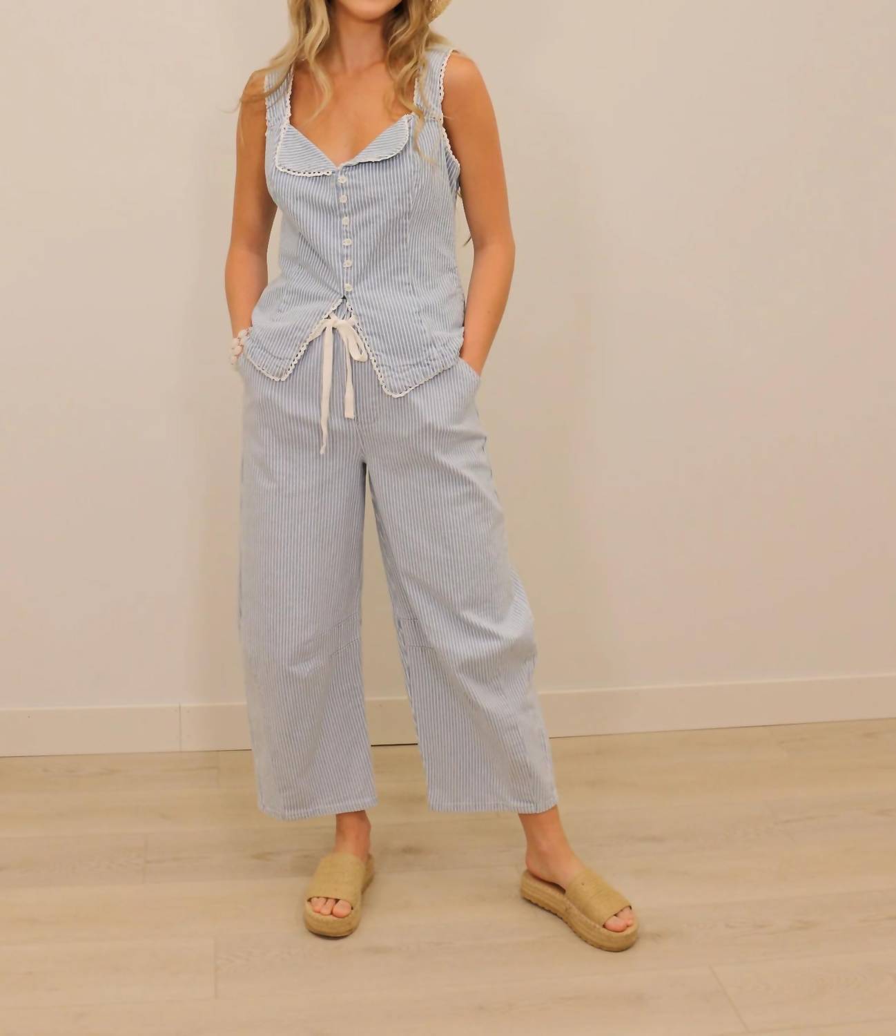Skies Are Blue - Milta Stripe High Waisted Drawstring Barrel Pants