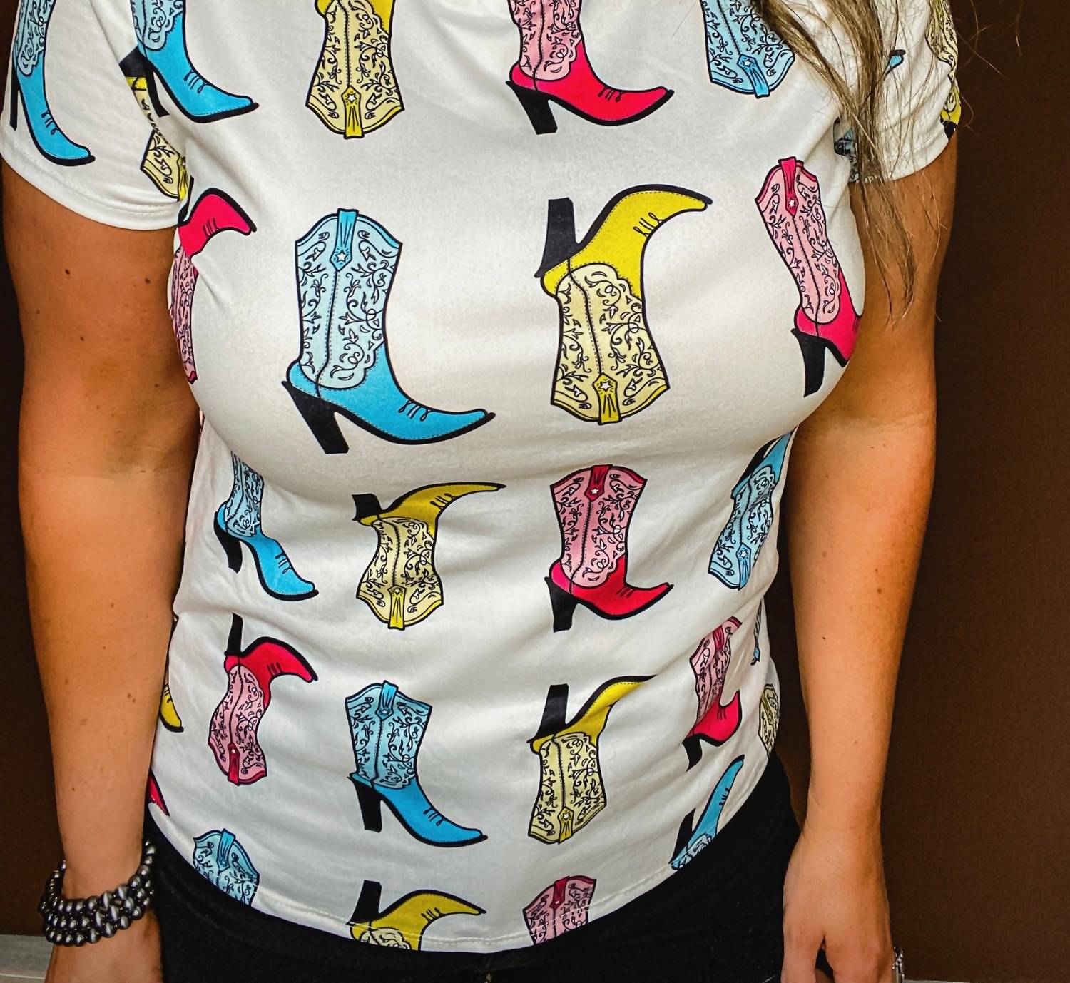 Nylon Apparel Cowgirl Boot Tee in white - women's t-shirt - detail view