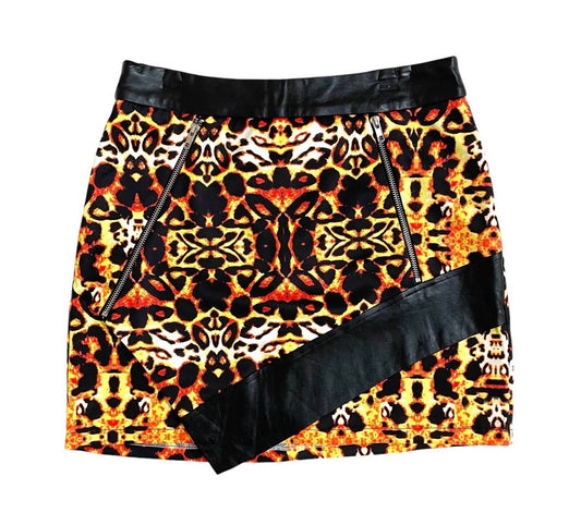 Pure Hype - Women's Animal Print A Line With Faux Leather Trim Zippers Mini Skirt