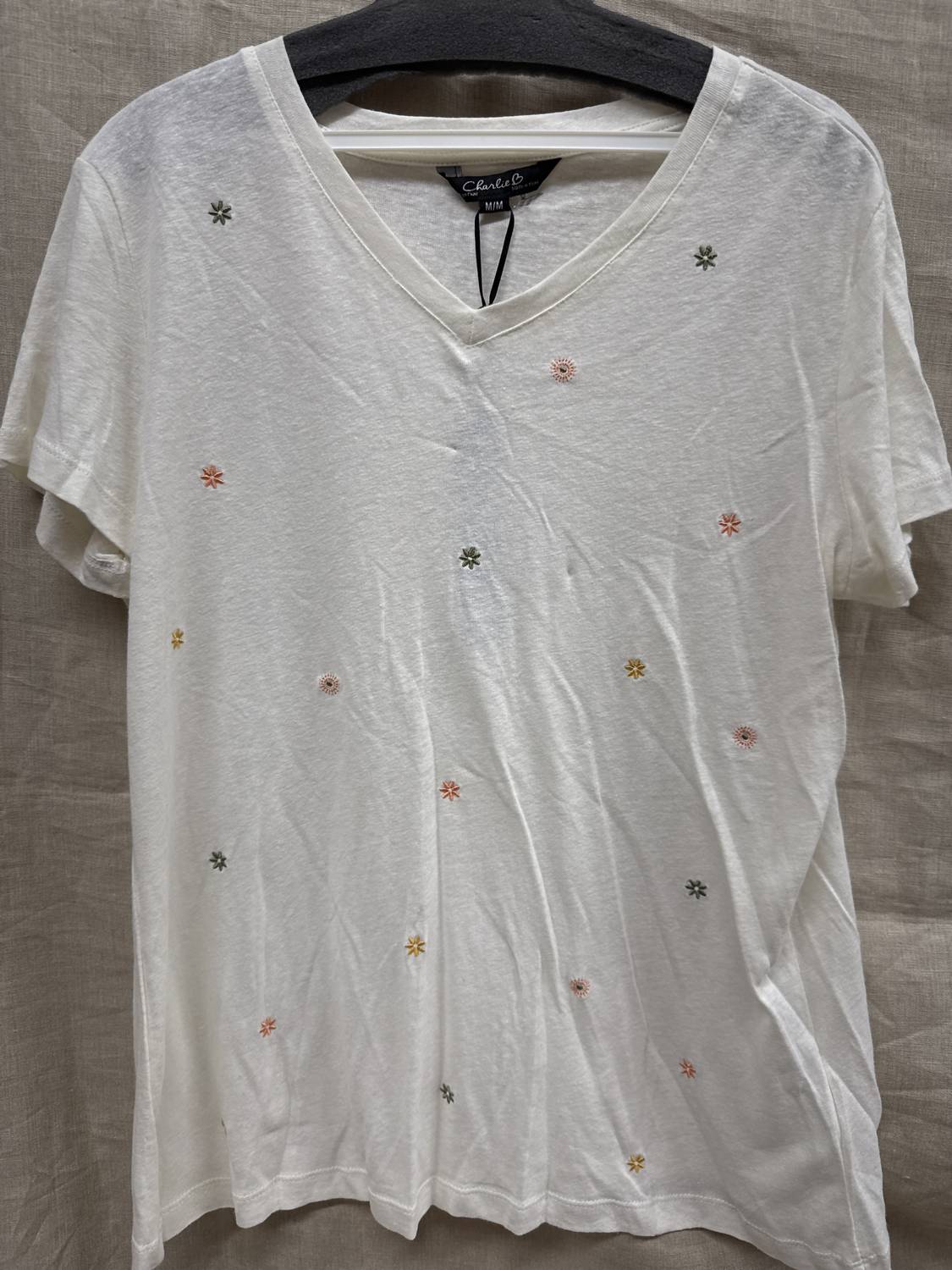 CHARLIE B Short Sleeve Tee With Embroidered Flowers in multi on natural - women's t-shirt - view 6