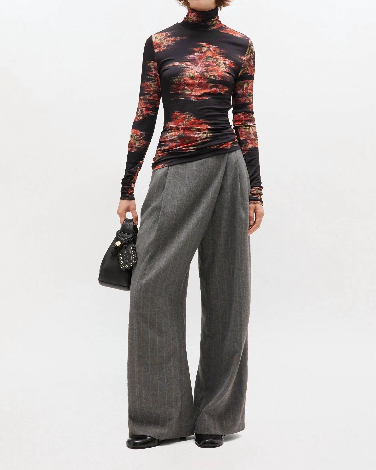 GANNI Floral Printed Jersey Turtleneck in black - women's long sleeve top