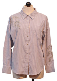 Leo Ugo - Women's Beaded Leaves Striped Blouse