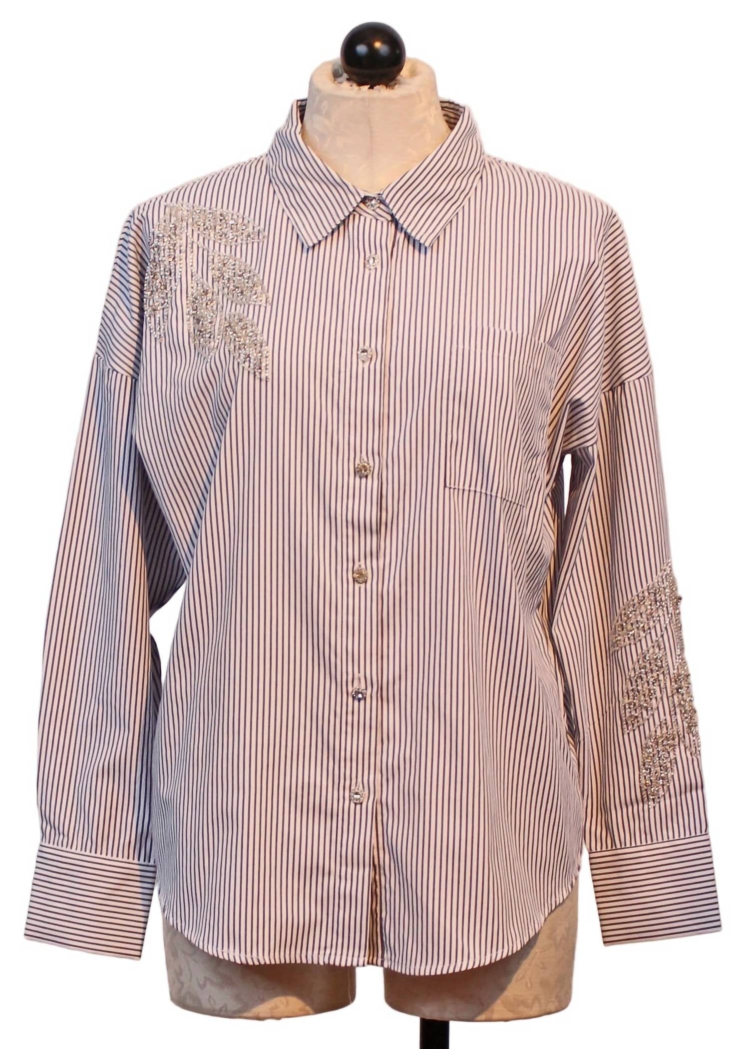 Leo Ugo - Women's Beaded Leaves Striped Blouse