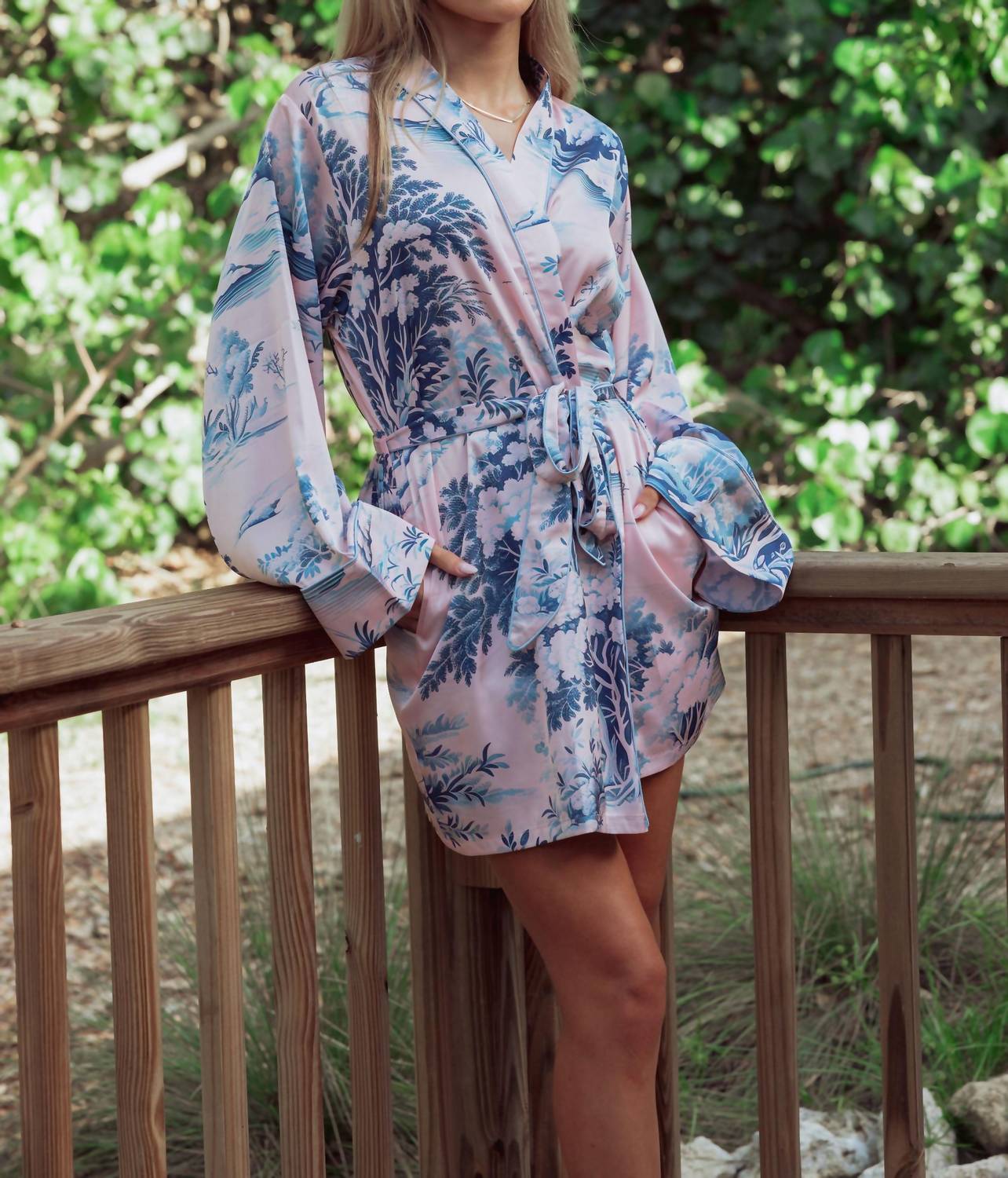 Kilo Brava Short Robe With Side Seam Pockets in spring toile - women's intimate - detail view
