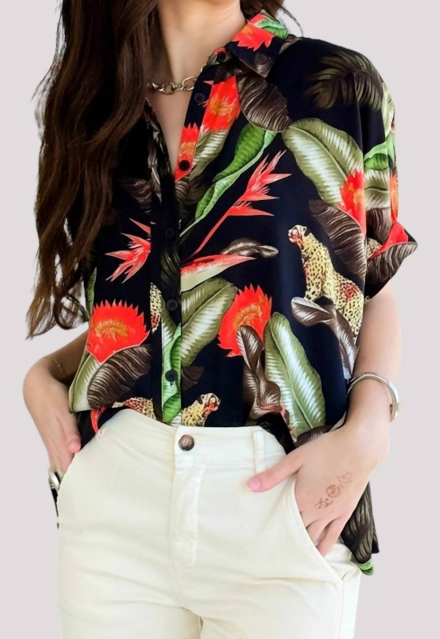 umgee Jungle Muse Button Down Top in black multi - women's blouse - detail view