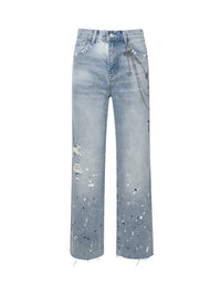 Birth Of Royal Child - Chain Ink Print & Fray Distressed Jeans