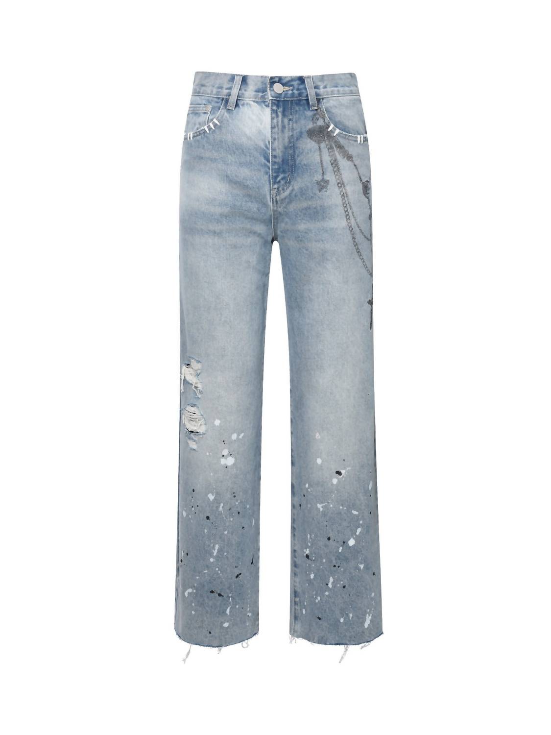 Birth Of Royal Child - Chain Ink Print & Fray Distressed Jeans