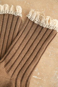 MIOU MUSE Women's Salt & Thread Crochet Trim Socks in mocha - women's accessory - detail view