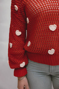 Aaron & Amber Crochet Heart Embellishment Sweater in red - women's sweater - detail view