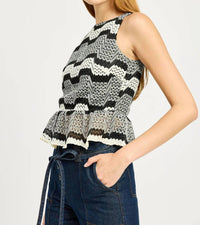 En Saison - Genesis Stripe Open Stitch Sleeveless Peplum Tank Top