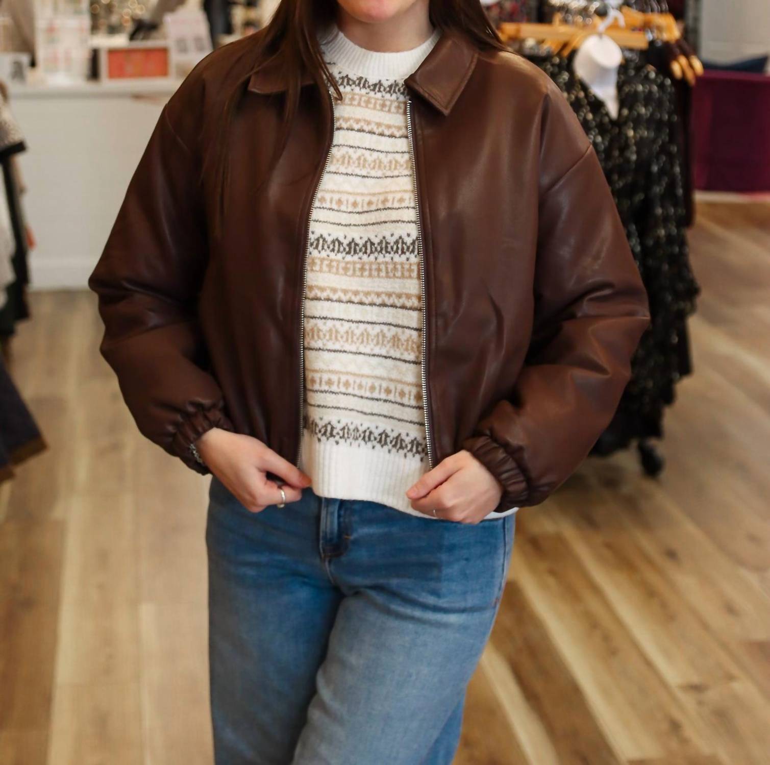 Needii - Faux Leather Bomber Jacket