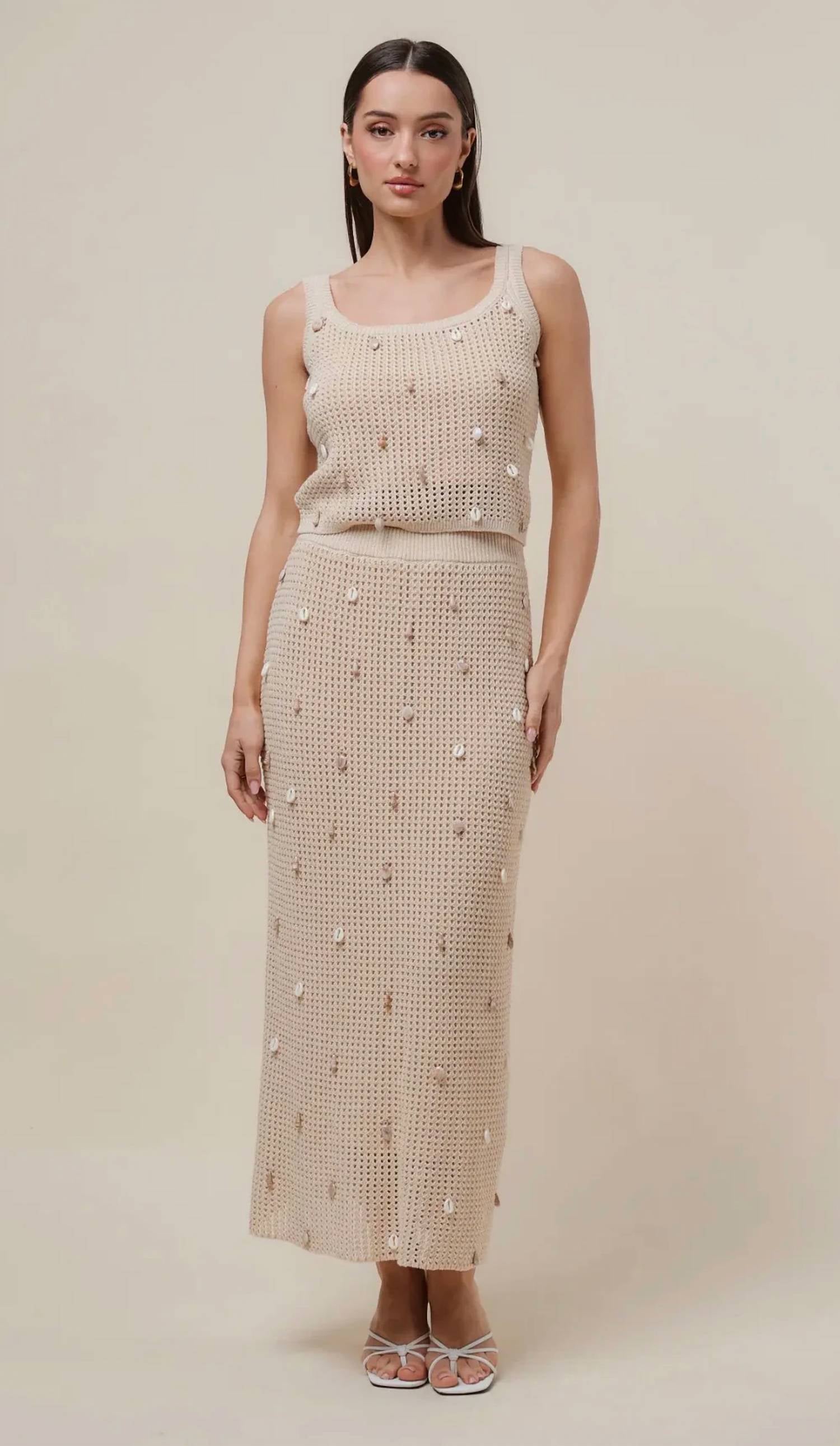Able - Katherine Seashell Embellished Crochet Knit Midi Skirt & Tank Set