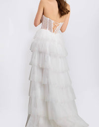 JOVANI Strapless Tiered Maxi Dress With Sequin Corset Bodice in off white - women's dress - detail view