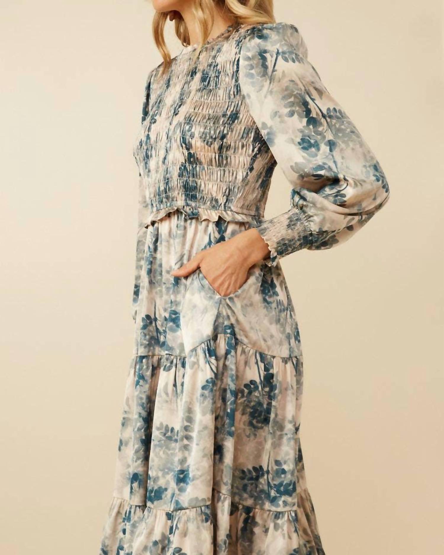 Hayden La - Botanical Print Smocked Bodice Satin Dress