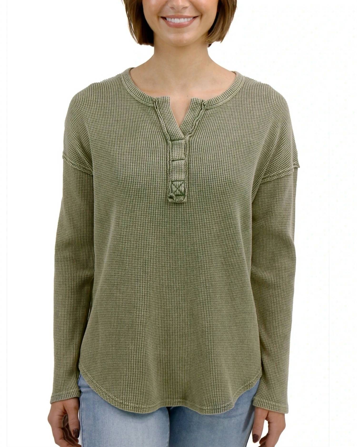 Grace And Lace - Mineral Washed Waffle Henley Sweater
