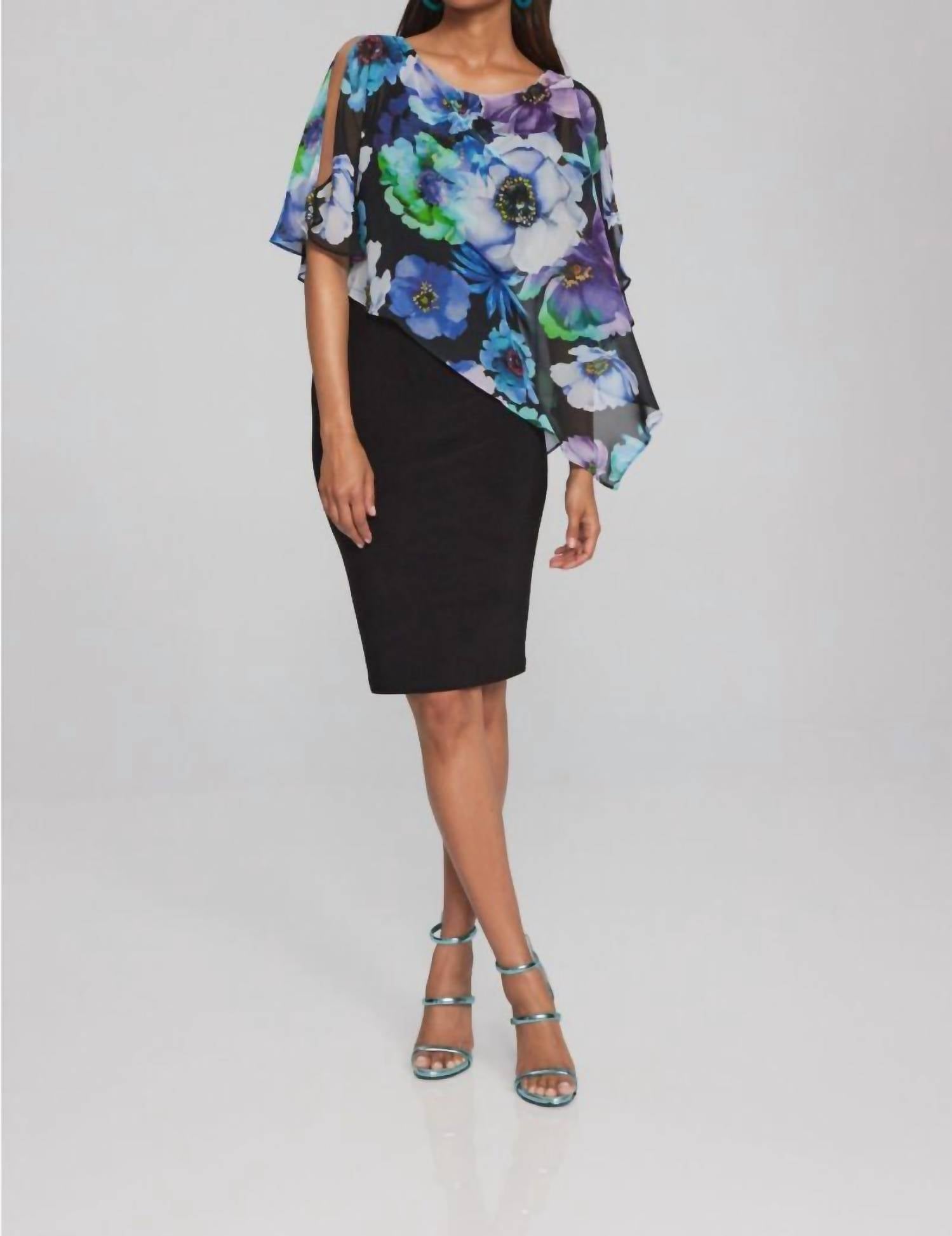 Joseph Ribkoff - Floral Chiffon Overlay Slit Sleeve Sheath Dress