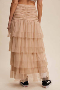 Listicle - Women's Cinched & Tiered High Waist Tulle Maxi Skirt