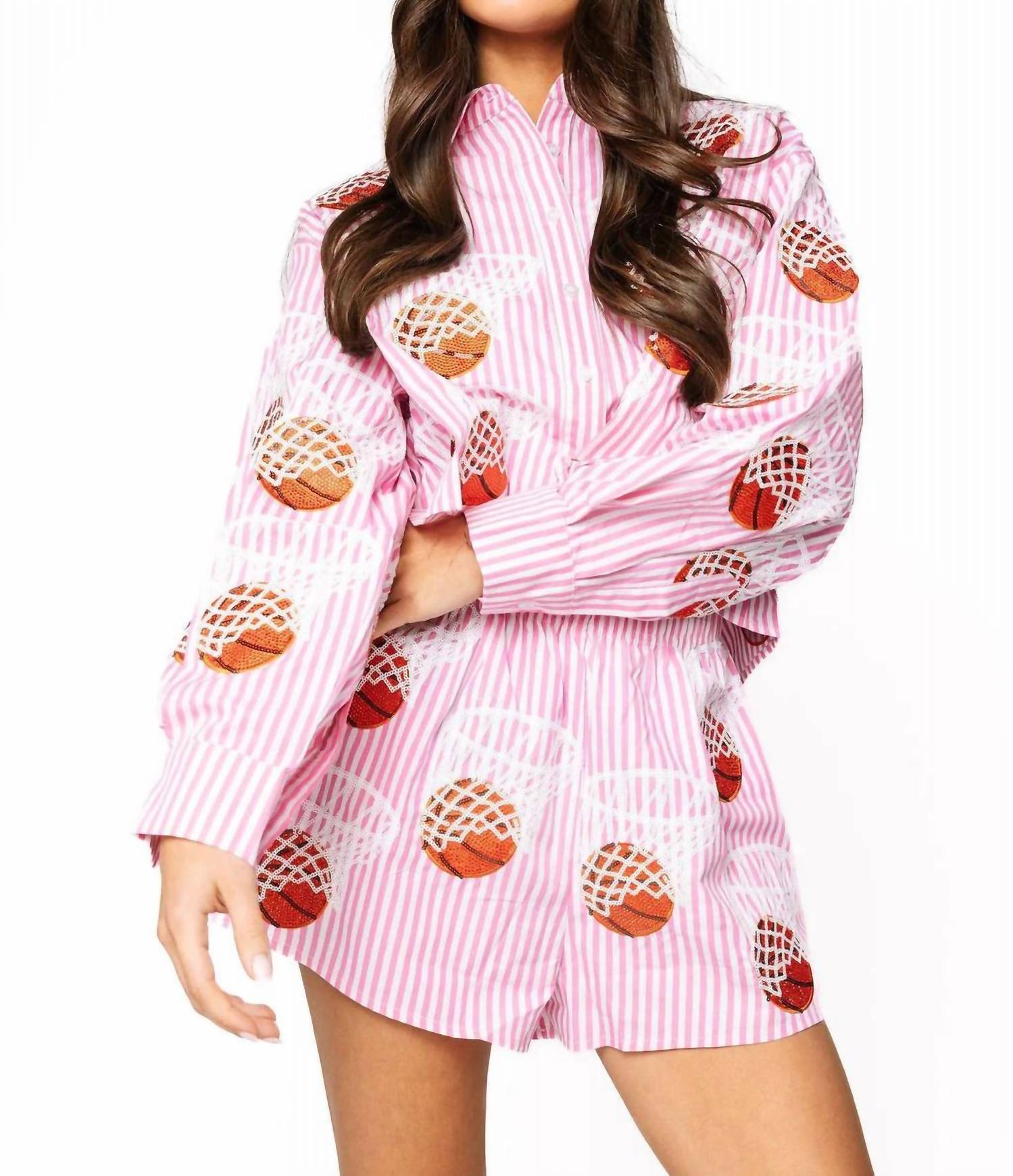 Queen Of Sparkles - Stripe Basketball Hoop Button Up Top
