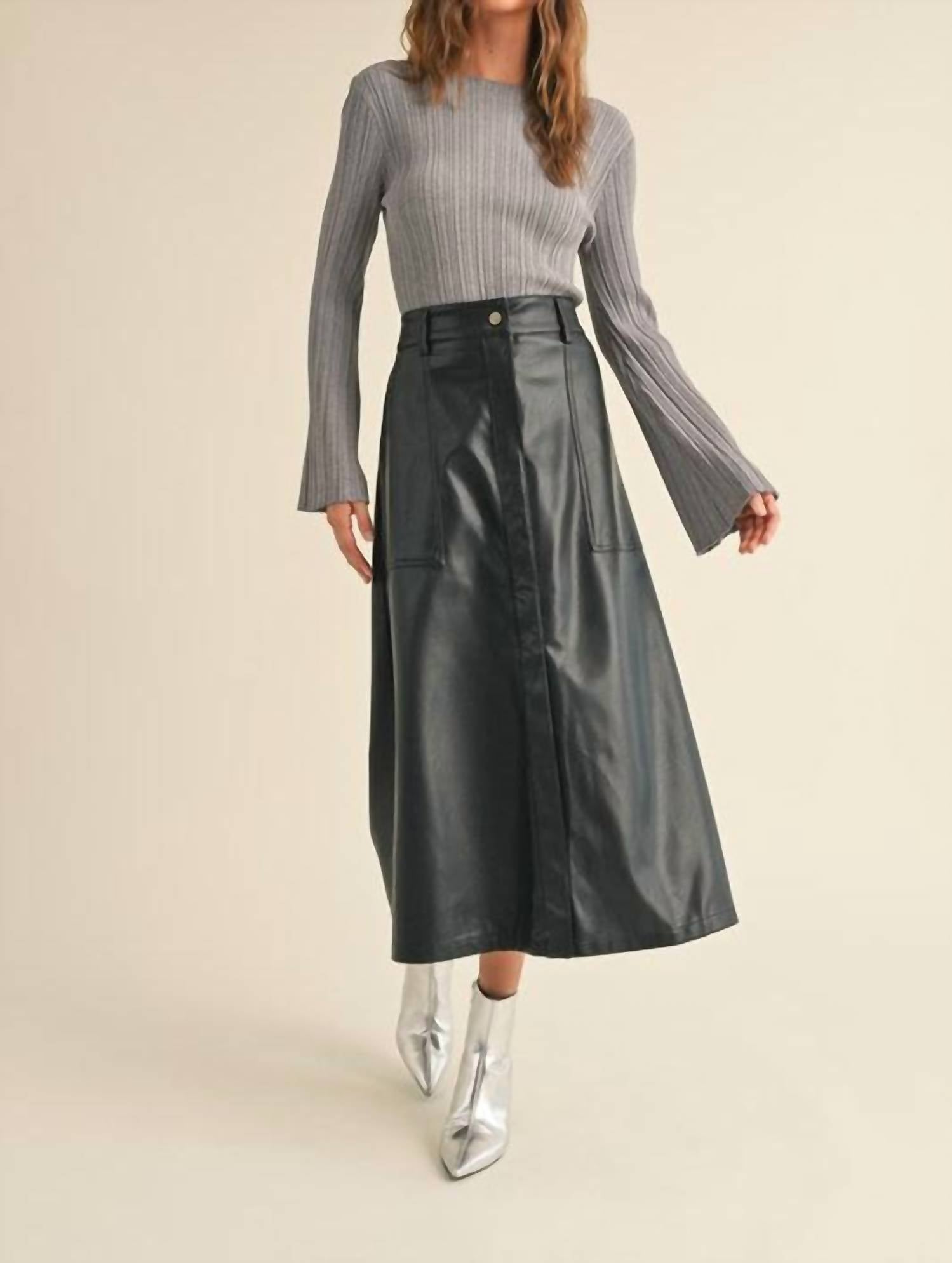 MIOU MUSE Boat Neck Ribbed Long Sleeve Top in gray - women's long sleeve top - detail view