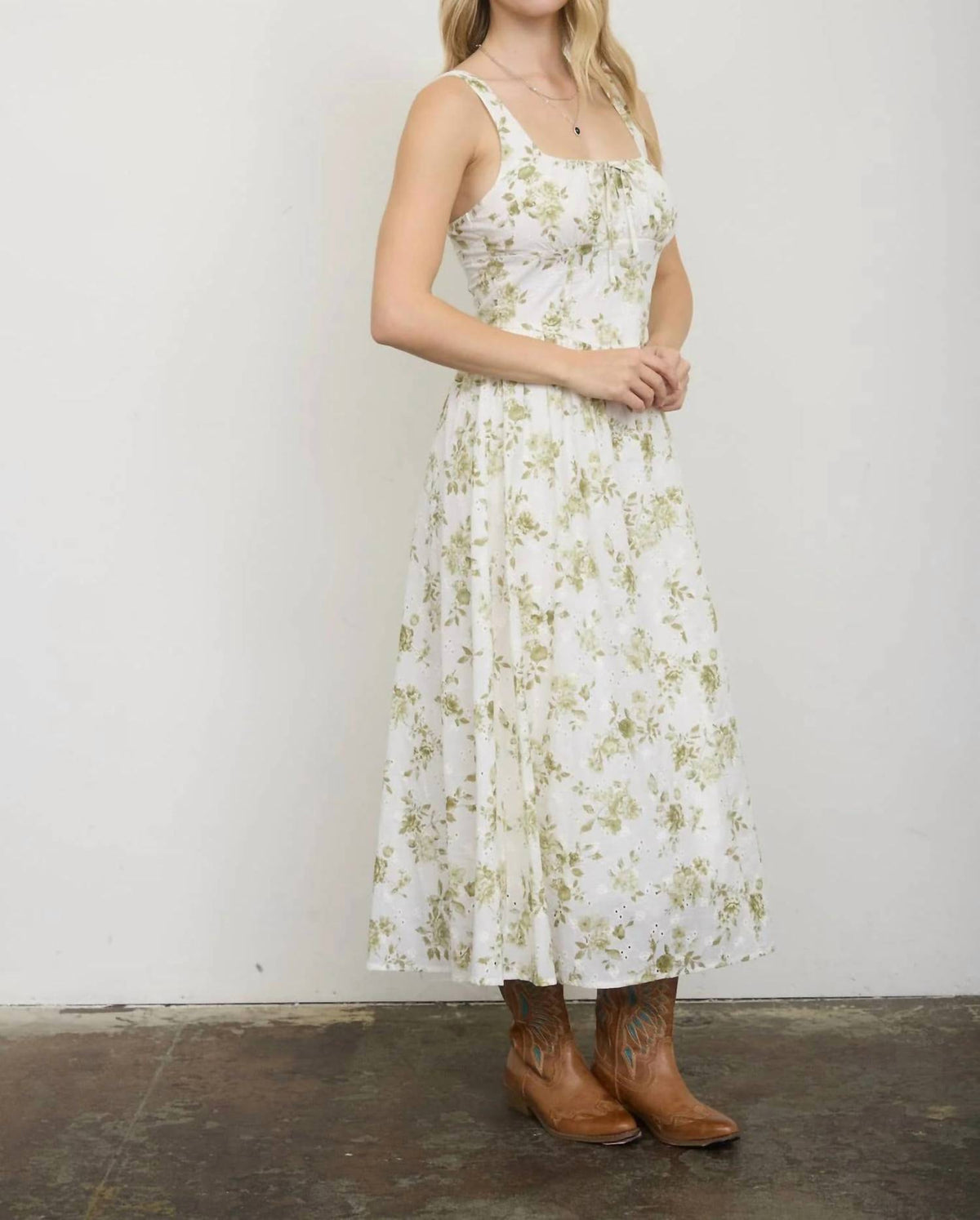 Blu Pepper - Floral Pattern Front Tie Corset Midi Dress