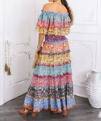 Surelymine - Boho Floral Ruffle Crop Top & Maxi Skirt Set