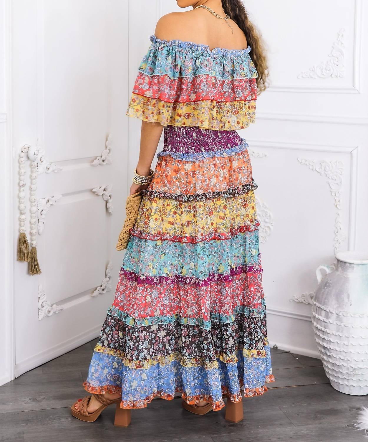 Surelymine - Boho Floral Ruffle Crop Top & Maxi Skirt Set