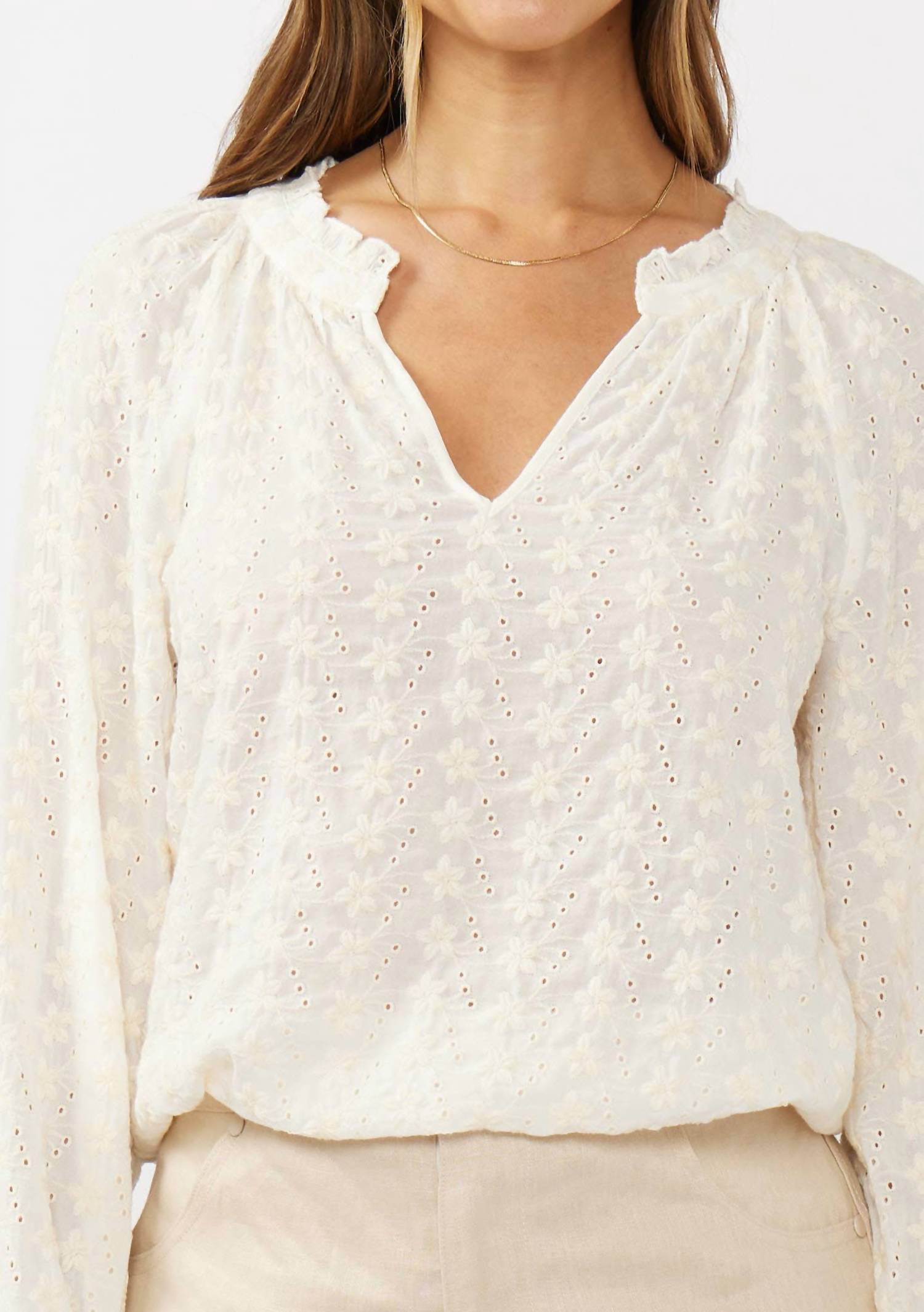 Lovestitch - Embroidered Floral Eyelet Long Sleeve Blouse