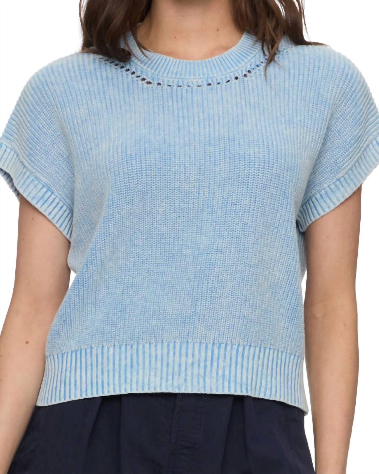 Flags & Anthem Elwood Drop Needle Stitch Crew Tee in medium blue - women's t-shirt - detail view