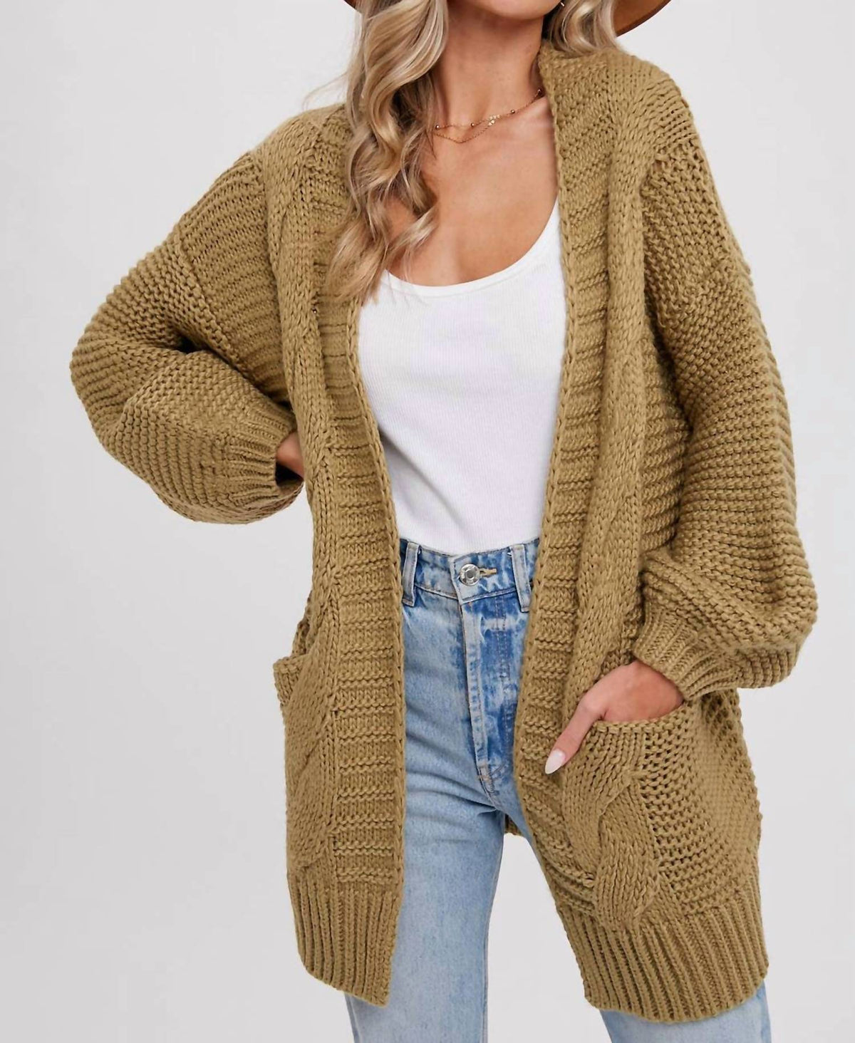 Bluivy - Chunky Cable Lantern Sleeve Cardigan