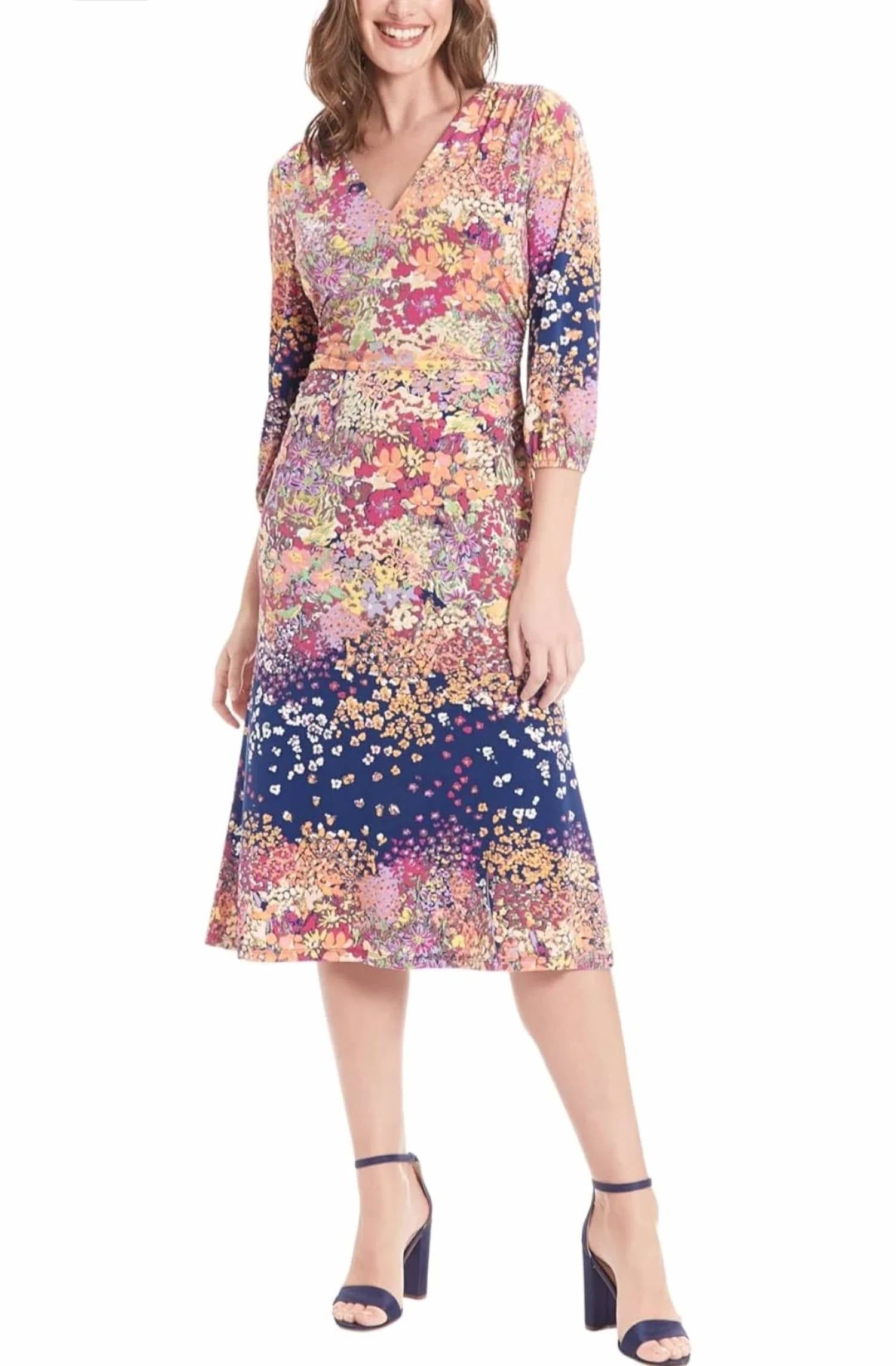 London Times - Flower Print A-Line Midi Dress