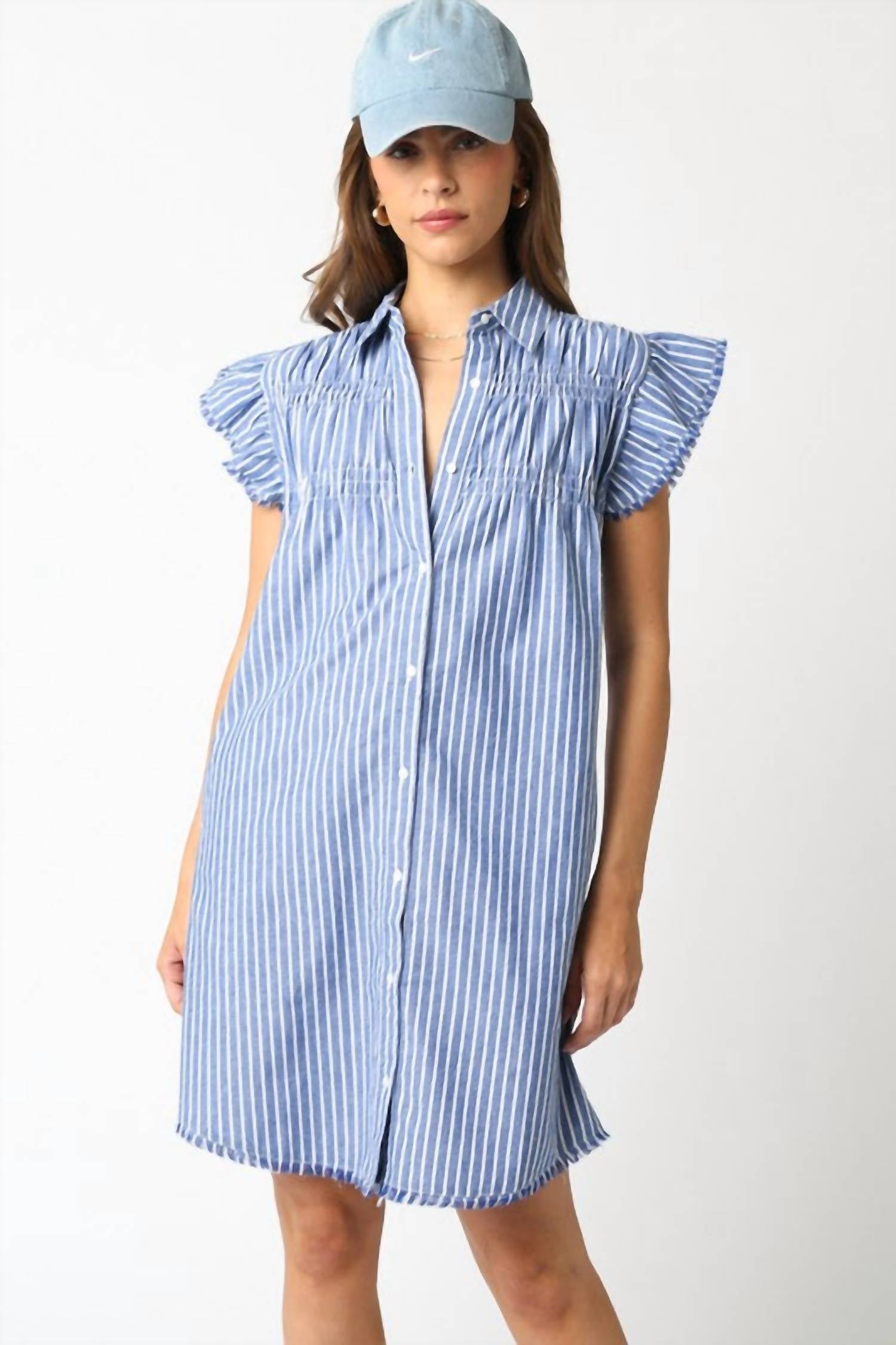 Olivaceous - Women's Flutter Sleeve Button Up Dress