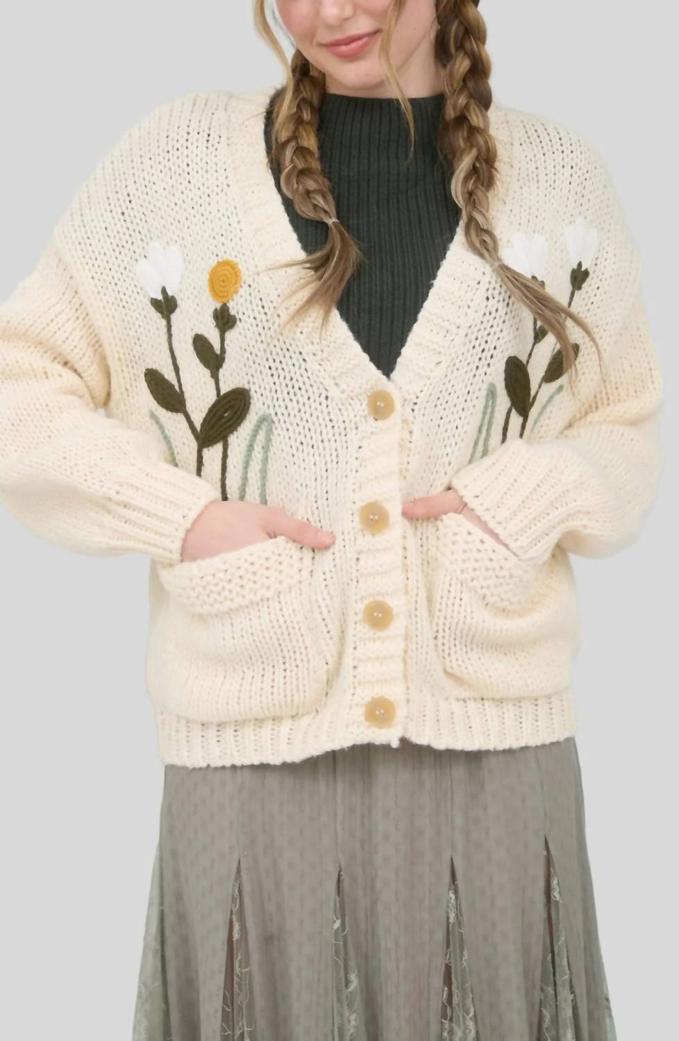 Blu Pepper Floral Embroidery V Neck Button Down Knit Cardigan in cream - women's cardigan