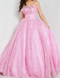 Jovani - Floral Print Ruffle Neckline Ballgown