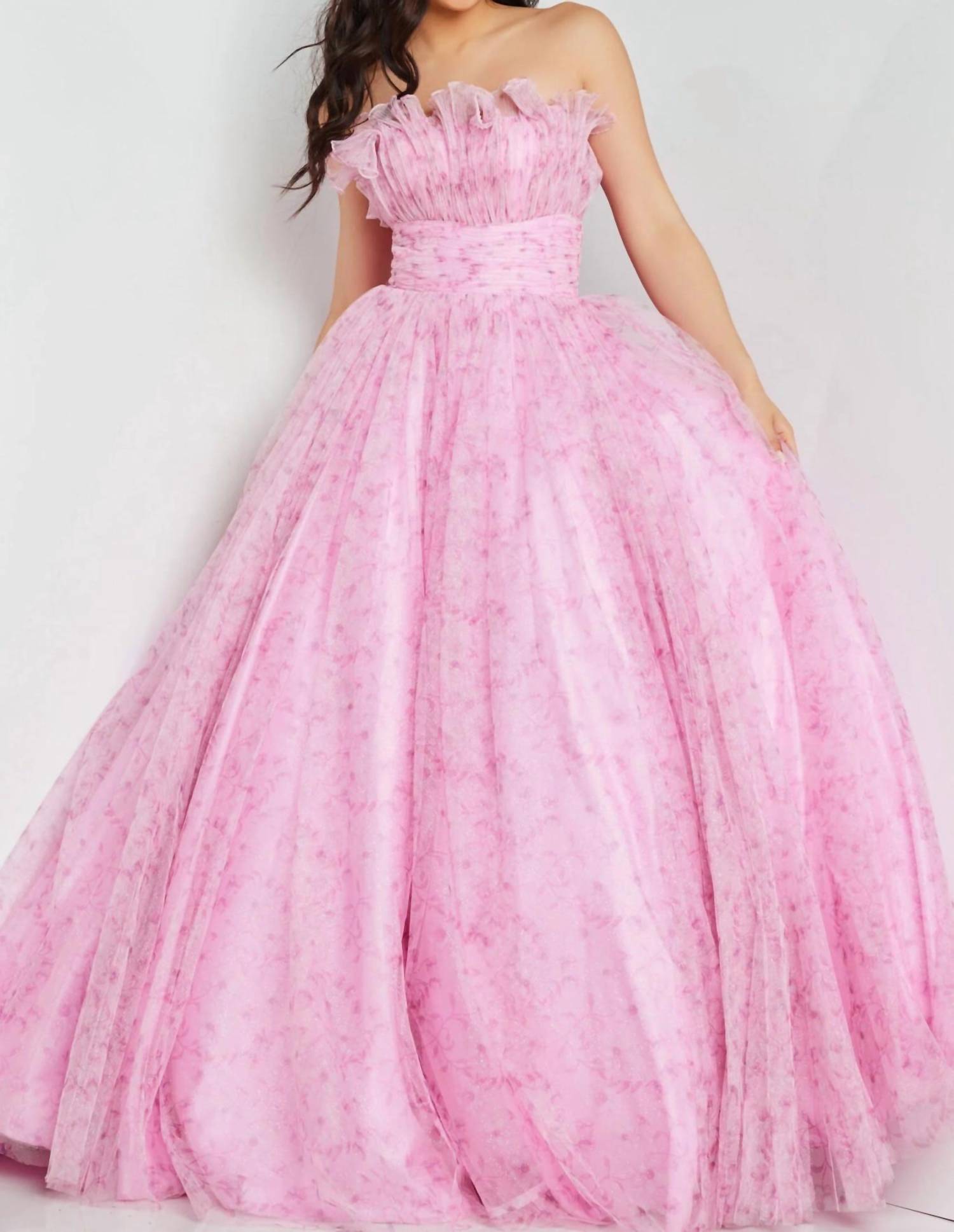 Jovani - Floral Print Ruffle Neckline Ballgown