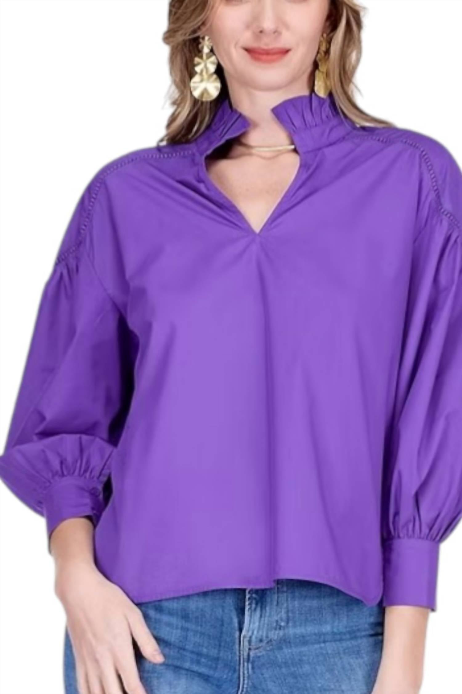 Jade Split Stand Collar Trim Top in purple - women's t-shirt - detail view
