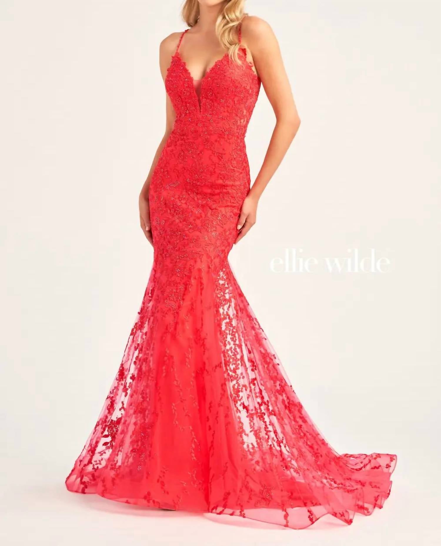 Ellie Wilde Embroidered tulle plunging v-neckline and low back mermaid dress in strawberry - women's dress