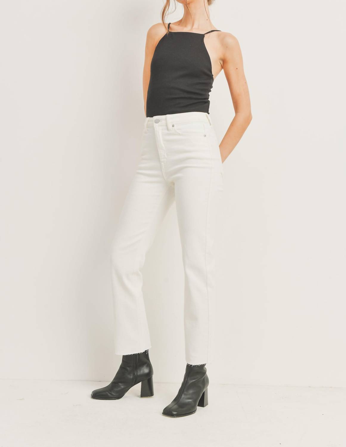 JUST BLACK DENIM Cynthia Cut Off Straight Jeans in cream - women's jeans - alternate view