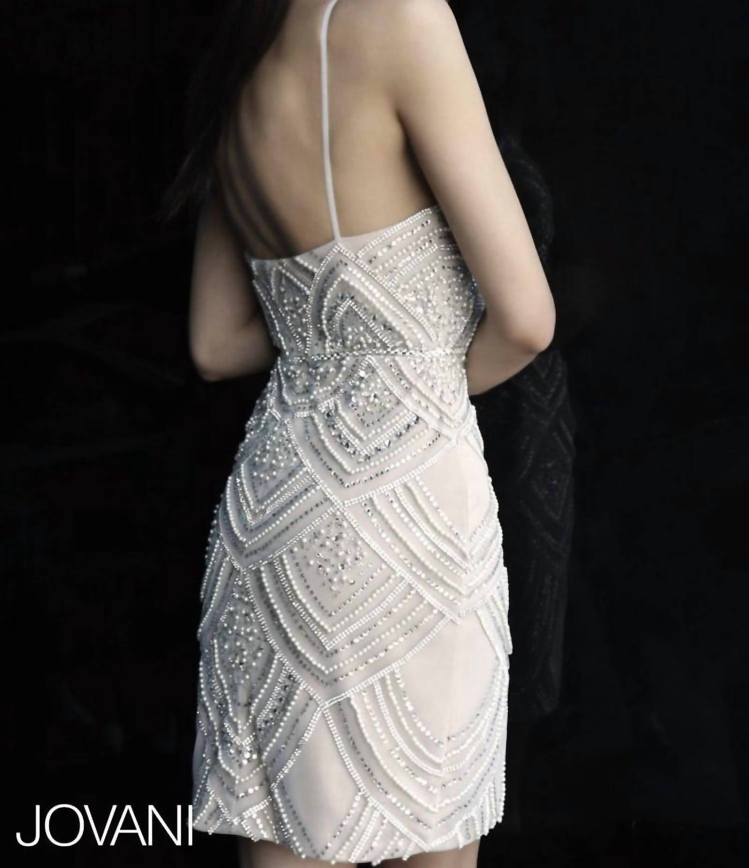 JOVANI Spaghetti Straps Beaded Dress in nude - women's dress - detail view