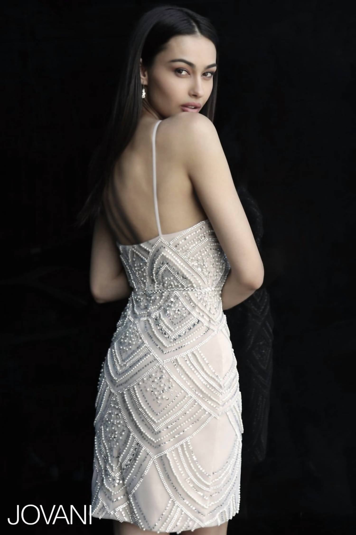 JOVANI Spaghetti Straps Beaded Dress in nude - women's dress - alternate view