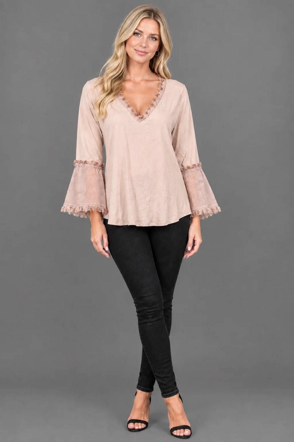 Maven West - Frayed V-neck Bell Sleeve Top