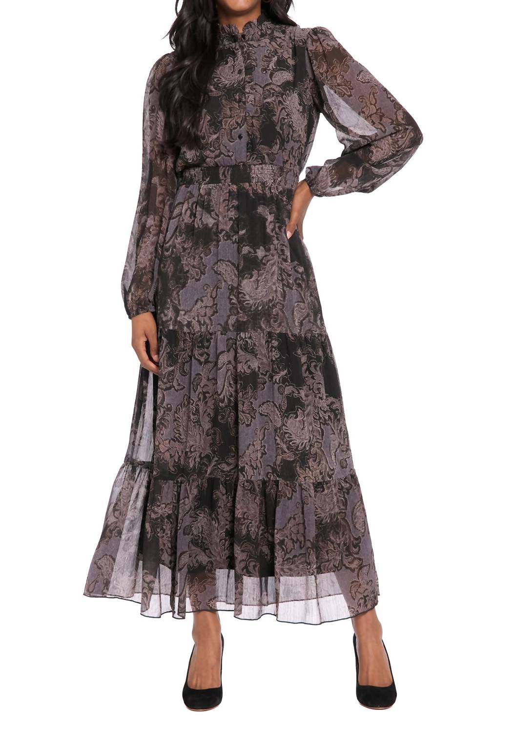 London Times - Smocked Waistband Fit-and-flare Tiered Maxi Dress