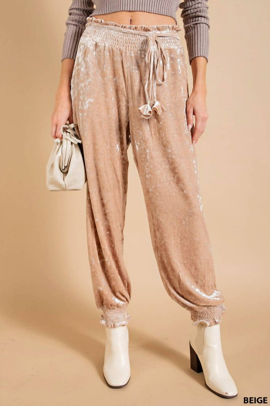 Crinkle Velvet Jogger - Beige