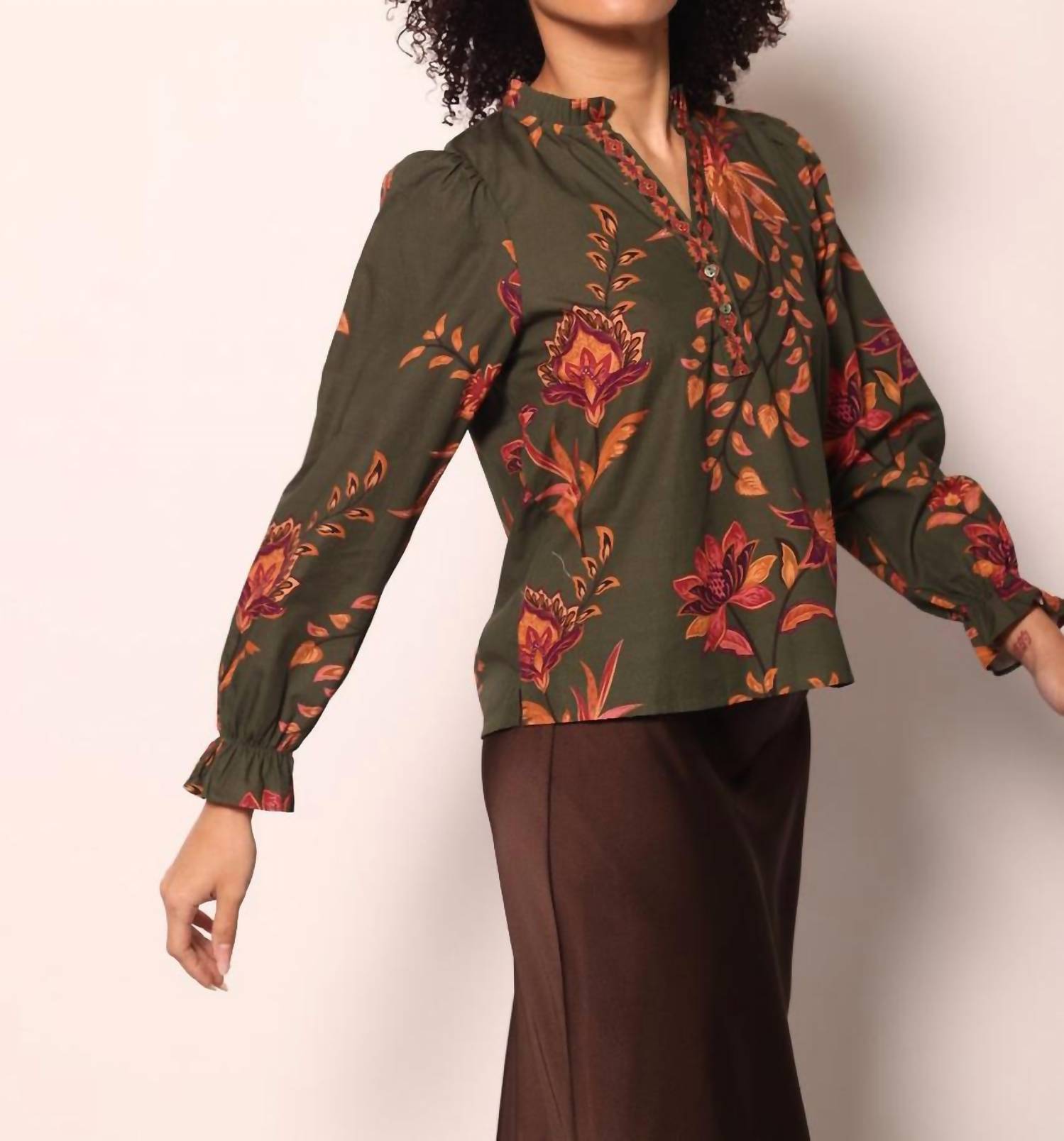 maude vivante Ashley Long Sleeve Top in olive trails - women's long sleeve top - detail view