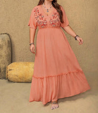 Classiqu Embroidered V-neck Maxi Dress - Plus in coral - women's dress - alternate view