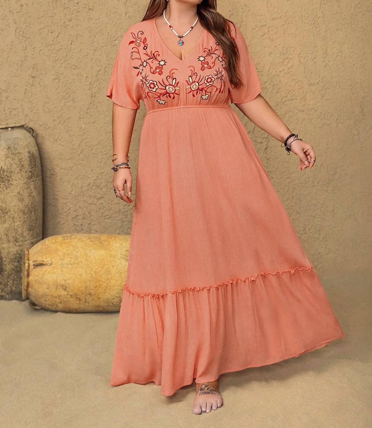Classiqu Embroidered V-neck Maxi Dress - Plus in coral - women's dress - alternate view